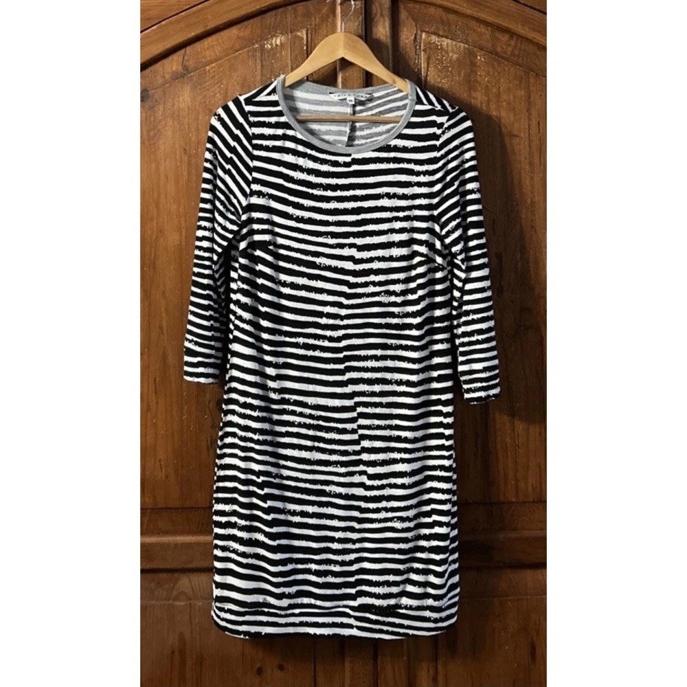 Women Trina Turk Black White Zebra Stripe 3/4 Sleeve Short Dress 141538 Sz Med